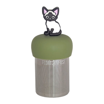 siamese cat animal tea infuser for loose leaf tea with a fine mesh stainless steel tea infuser that reads FLOAT2INFUSE  on a green base with a white background