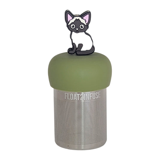 siamese cat animal tea infuser for loose leaf tea on a green base with a fine mesh stainless steel tea infuser that reads FLOAT2INFUSE on a white background