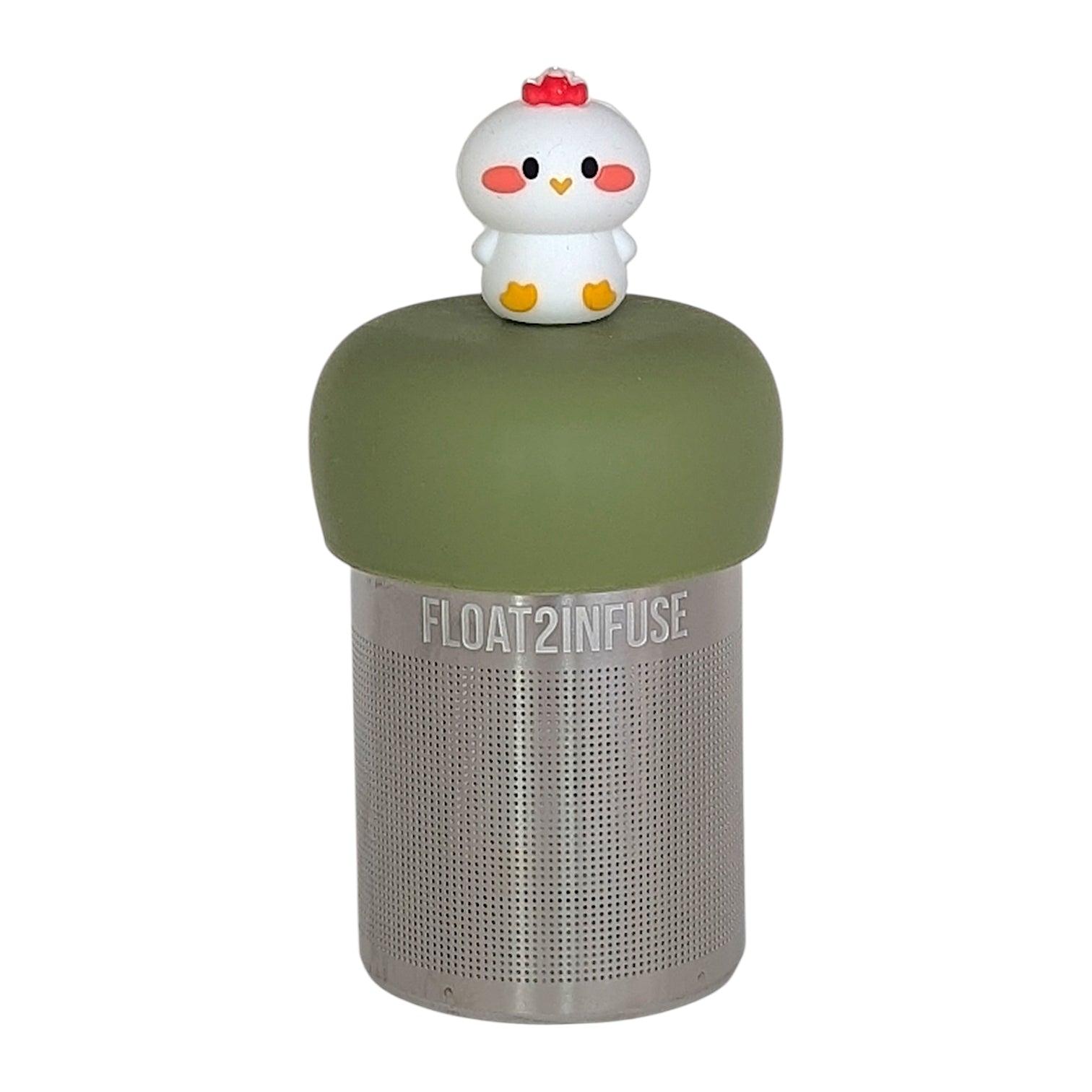 white baby chicken tea infuser for loose leaf tea  with a fine mesh stainless steel tea infuser that reads FLOAT2INFUSE on a green base with a white background