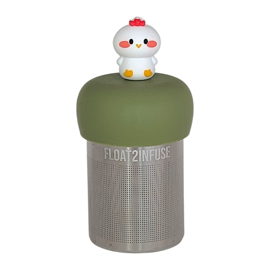 white baby chicken tea infuser for loose leaf tea  with a fine mesh stainless steel tea infuser that reads FLOAT2INFUSE on a green base with a white background