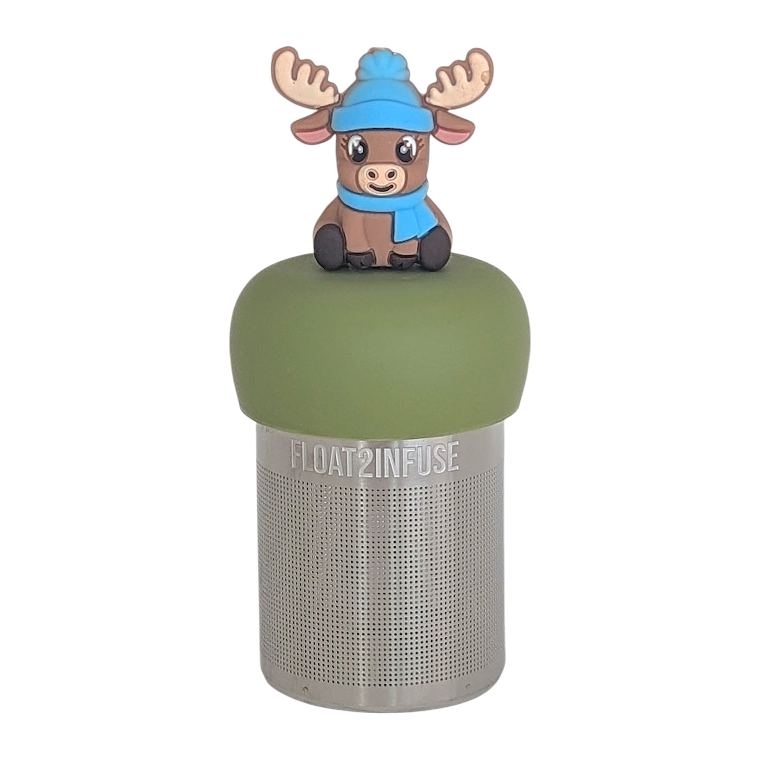 brown reindeer animal wearing blue hat and scarf tea infuser for loose leaf tea with a fine mesh stainless steel tea infuser that reads FLOAT2INFUSE on a green base with a white background