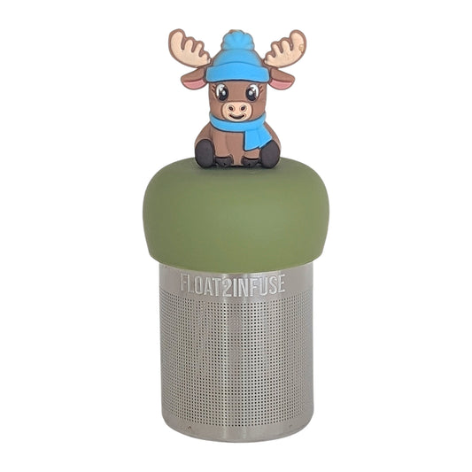 brown reindeer animal wearing blue hat and scarf tea infuser for loose leaf tea with a fine mesh stainless steel tea infuser that reads FLOAT2INFUSE on a green base with a white background