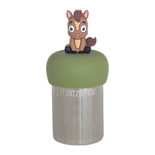 brown donkey animal tea infuser for loose leaf tea on a green base with a fine mesh stainless steel tea infuser that reads FLOAT2INFUSE on a white background