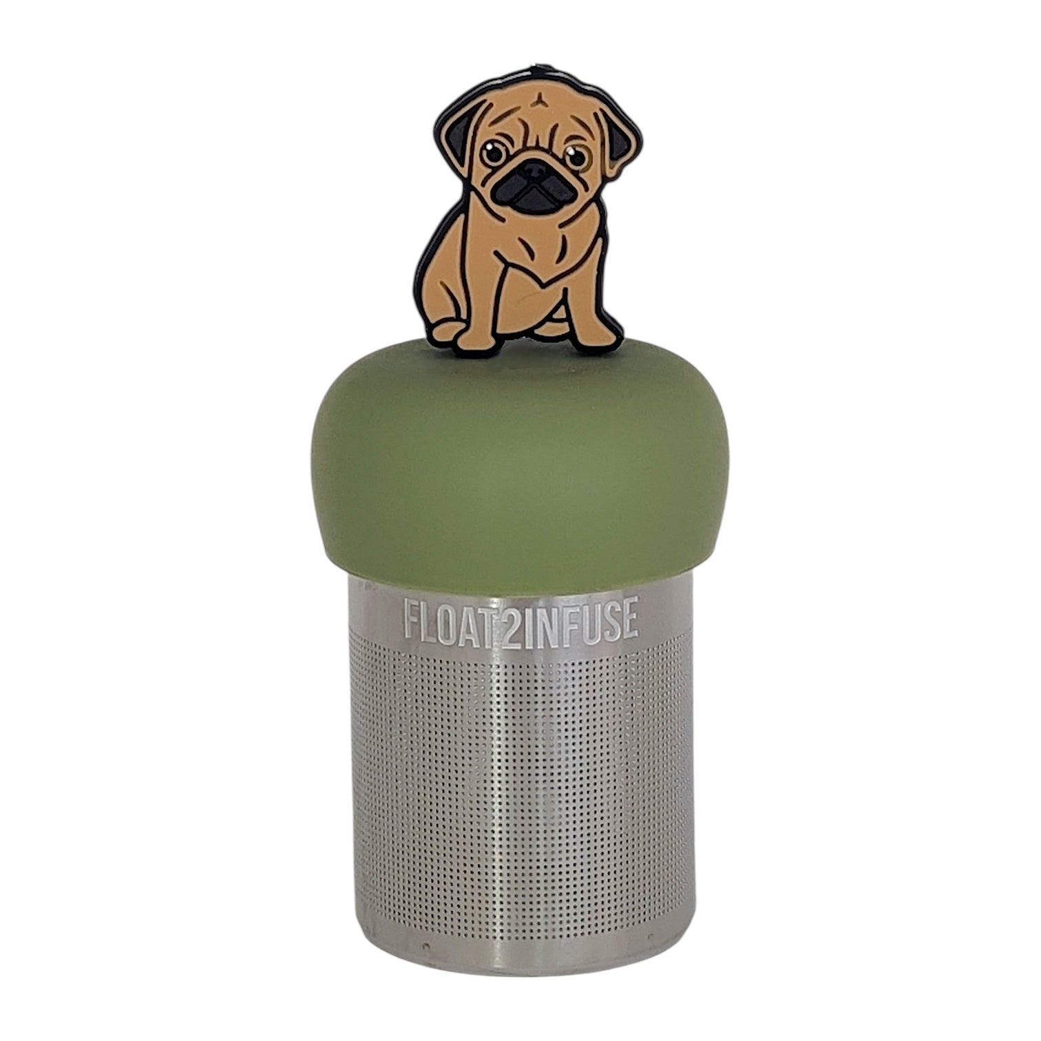 brown pug dog animal tea infuser for loose leaf tea on a green base with a fine mesh stainless steel tea infuser that reads FLOAT2INFUSE on a white background