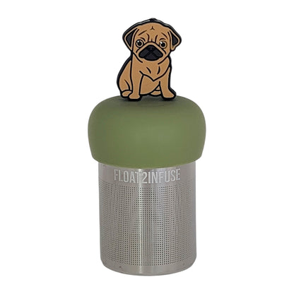 brown pug dog animal tea infuser for loose leaf tea on a green base with a fine mesh stainless steel tea infuser that reads FLOAT2INFUSE on a white background