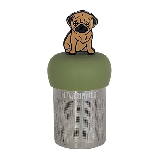 brown pug dog animal tea infuser for loose leaf tea on a green base with a fine mesh stainless steel tea infuser that reads FLOAT2INFUSE on a white background