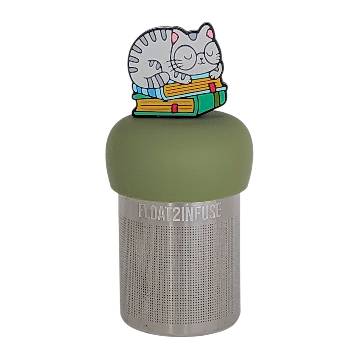 grey cat animal with glasses resting on a stack of green books tea infuser for loose leaf tea with a fine mesh stainless steel tea infuser that reads FLOAT2INFUSE on a green base with a white background