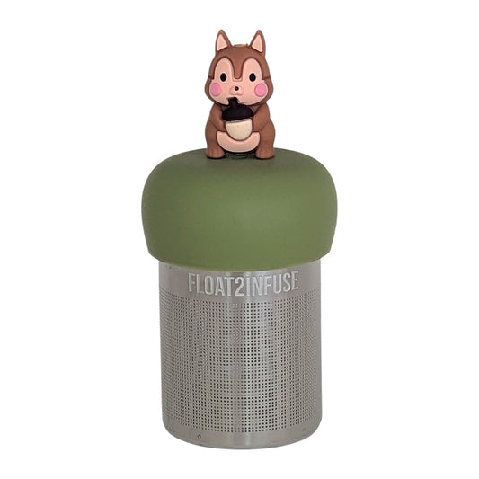 brown chipmunk animal tea infuser for loose leaf tea with a fine mesh stainless steel tea infuser that reads FLOAT2INFUSE on a green base with a white background