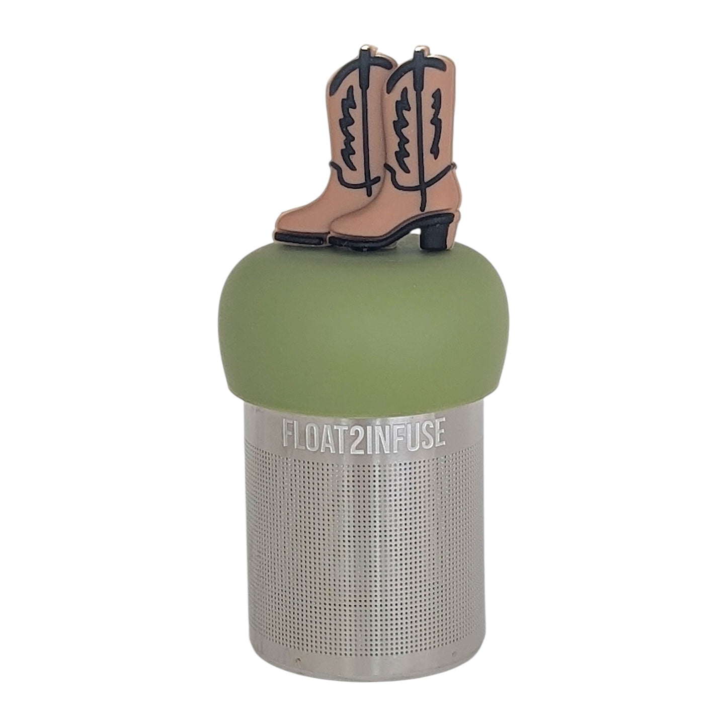 brown cowboy boots tea infuser for loose leaf tea with a fine mesh stainless steel tea infuser that reads FLOAT2INFUSEon a green base with a white background
