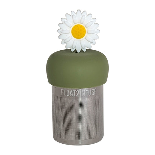 giant white daisy tea infuser for loose leaf tea with a fine mesh stainless steel tea infuser that reads FLOAT2INFUSE on a green base with a white background