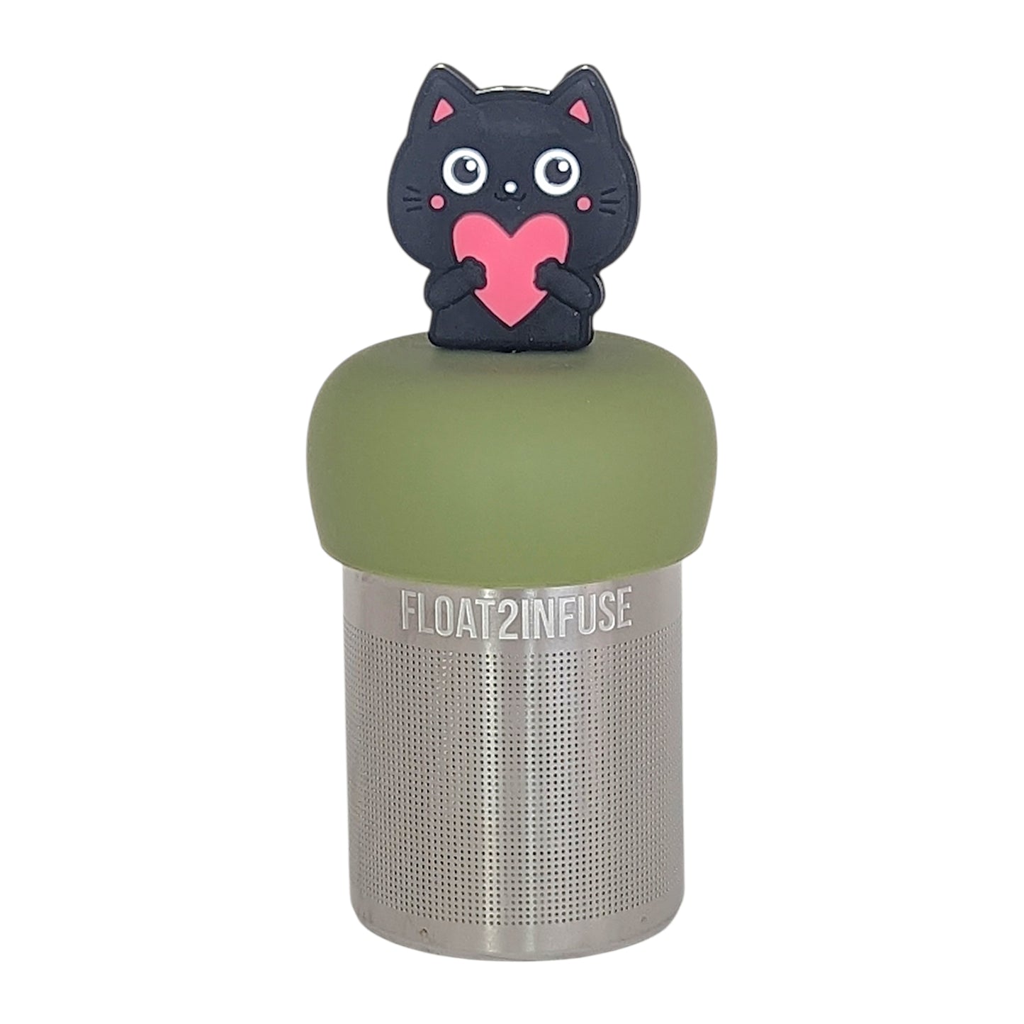 black cat animal holding pink heart tea infuser for loose leaf tea  with a fine mesh stainless steel tea infuser that reads FLOAT2INFUSE on a green base with a white background