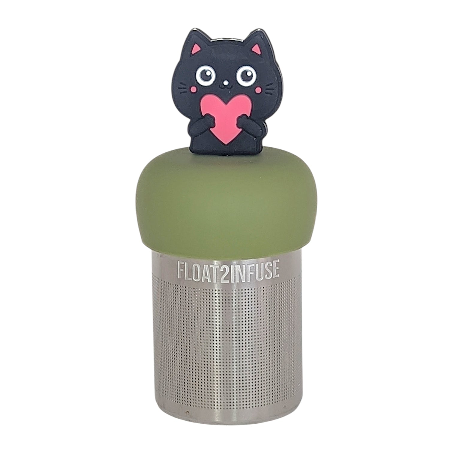black cat animal holding pink heart tea infuser for loose leaf tea  with a fine mesh stainless steel tea infuser that reads FLOAT2INFUSE on a green base with a white background