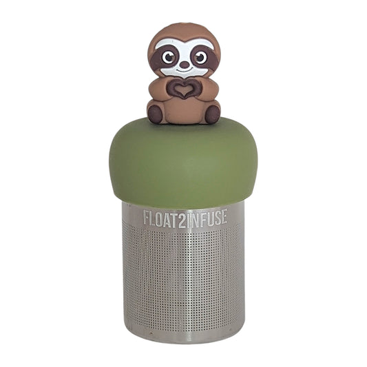 brown sloth animal creating a heart tea infuser for loose leaf tea  with a fine mesh stainless steel tea infuser that reads FLOAT2INFUSE on a green base on a white background