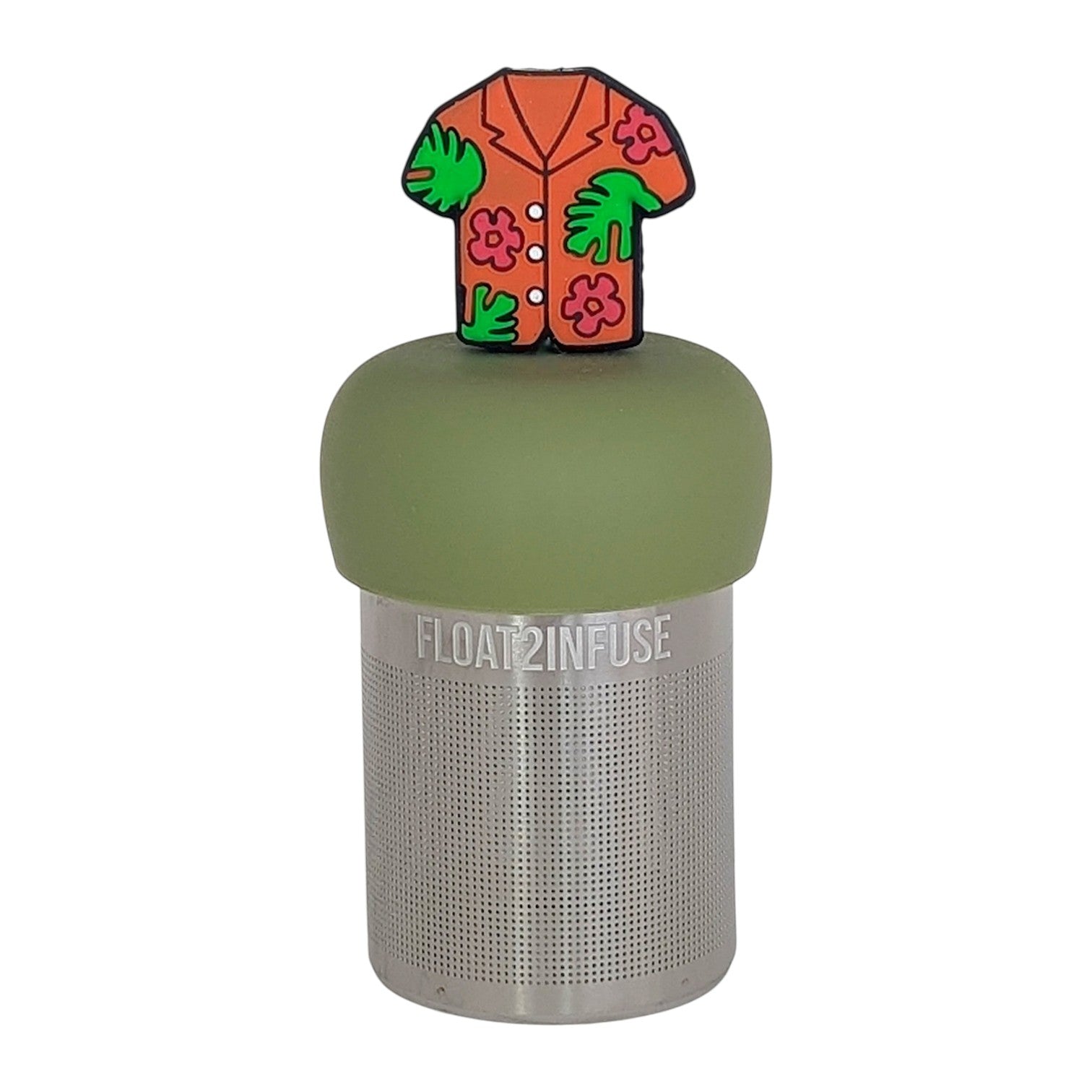 orange hawaiian shirt tea infuser for loose leaf tea  with a fine mesh stainless steel tea infuser that reads FLOAT2INFUSE on a green base with a white background