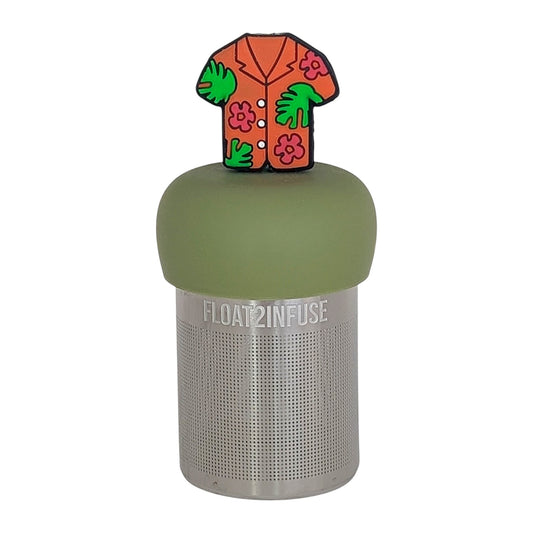 orange hawaiian shirt loose leaf tea on a green base with a fine mesh stainless steel tea infuser that reads FLOAT2INFUSE on a white background