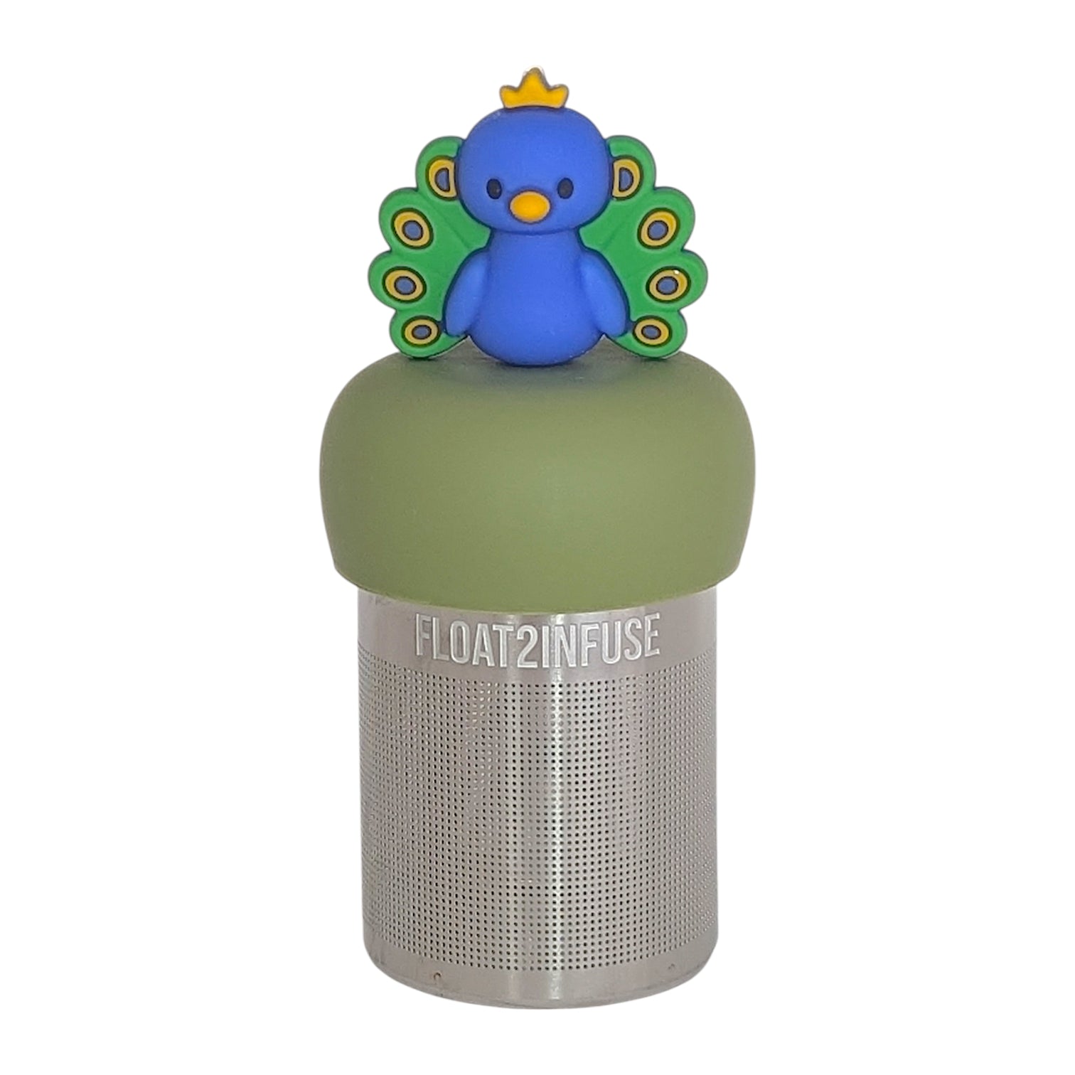 blue and green and yellow peacock animal tea infuser for loose leaf tea  with a fine mesh stainless steel tea infuser that reads FLOAT2INFUSE on a green base with a white background