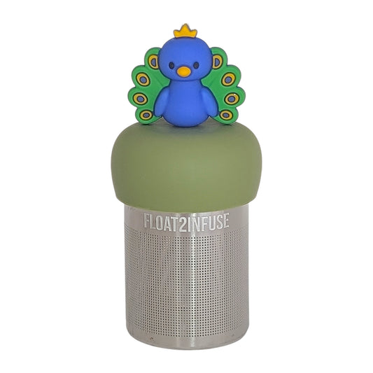 blue and green and yellow peacock animal tea infuser for loose leaf tea  with a fine mesh stainless steel tea infuser that reads FLOAT2INFUSE on a green base with a white background