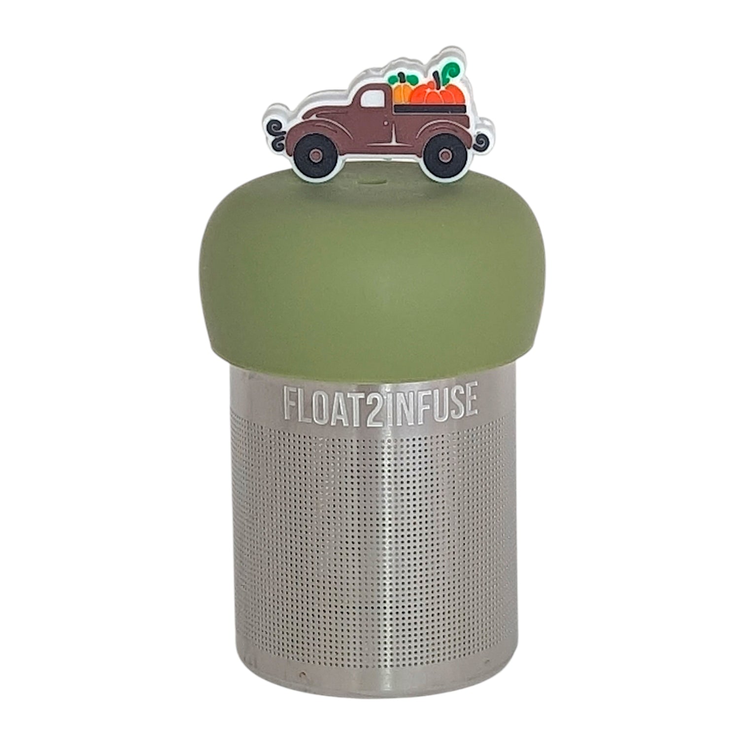 brown pumpkin truck tea infuser for loose leaf tea  with a fine mesh stainless steel tea infuser that reads FLOAT2INFUSE on a green base with a white background