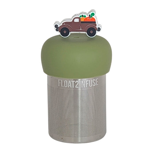 brown pumpkin truck tea infuser for loose leaf tea  with a fine mesh stainless steel tea infuser that reads FLOAT2INFUSE on a green base with a white background