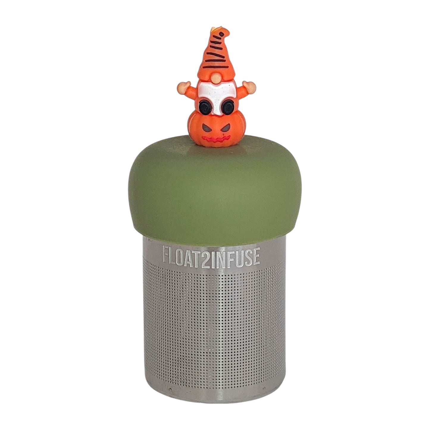 gnome sitting on a jack-o-lantern pumpkin tea infuser for loose leaf tea  with a fine mesh stainless steel tea infuser that reads FLOAT2INFUSE on a green base on a white background