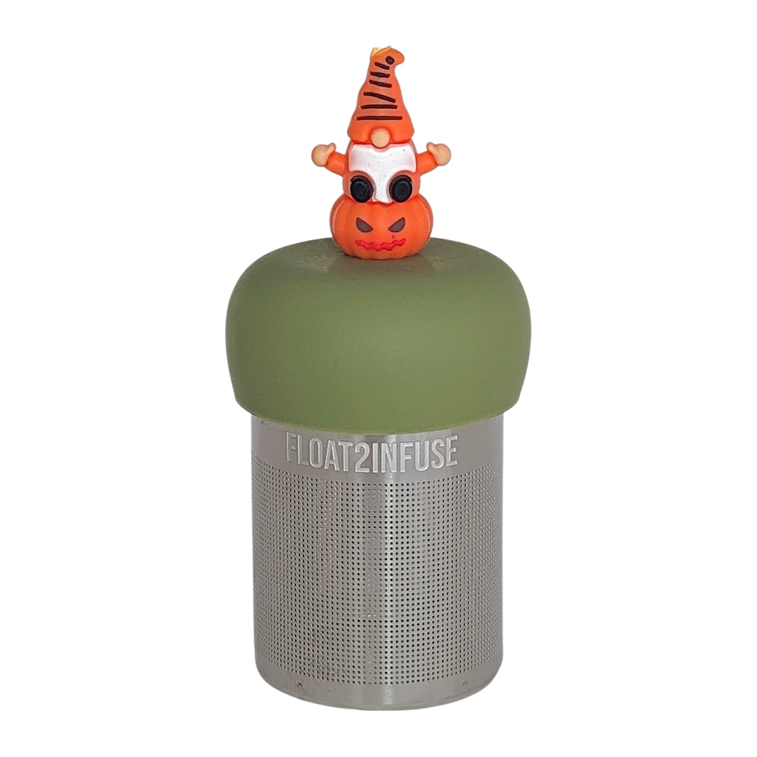 gnome sitting on a jack-o-lantern pumpkin tea infuser for loose leaf tea  with a fine mesh stainless steel tea infuser that reads FLOAT2INFUSE on a green base on a white background