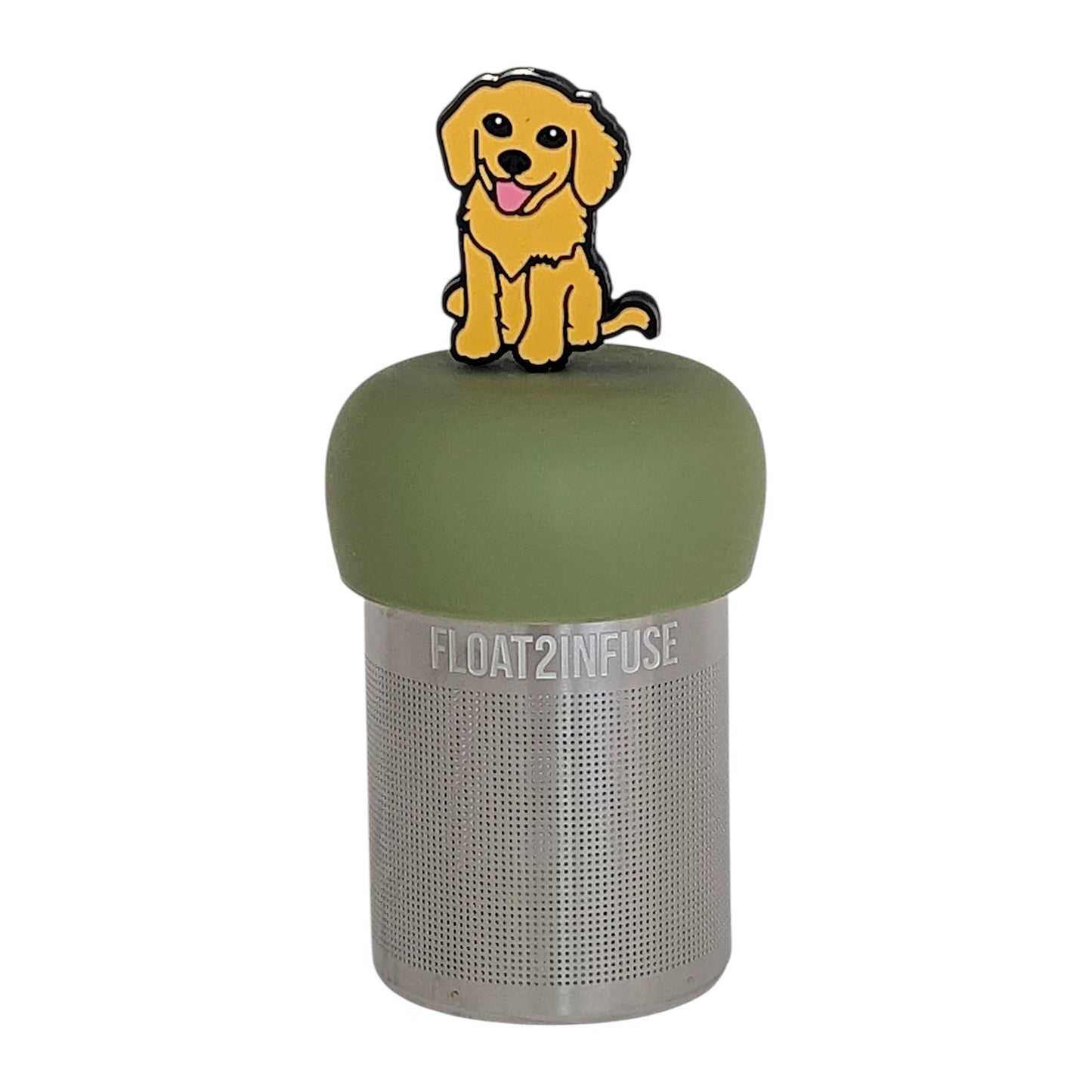 yellow smiling dog animal tea infuser for loose leaf tea on a green base with a fine mesh stainless steel tea infuser that reads FLOAT2INFUSE on a white backround