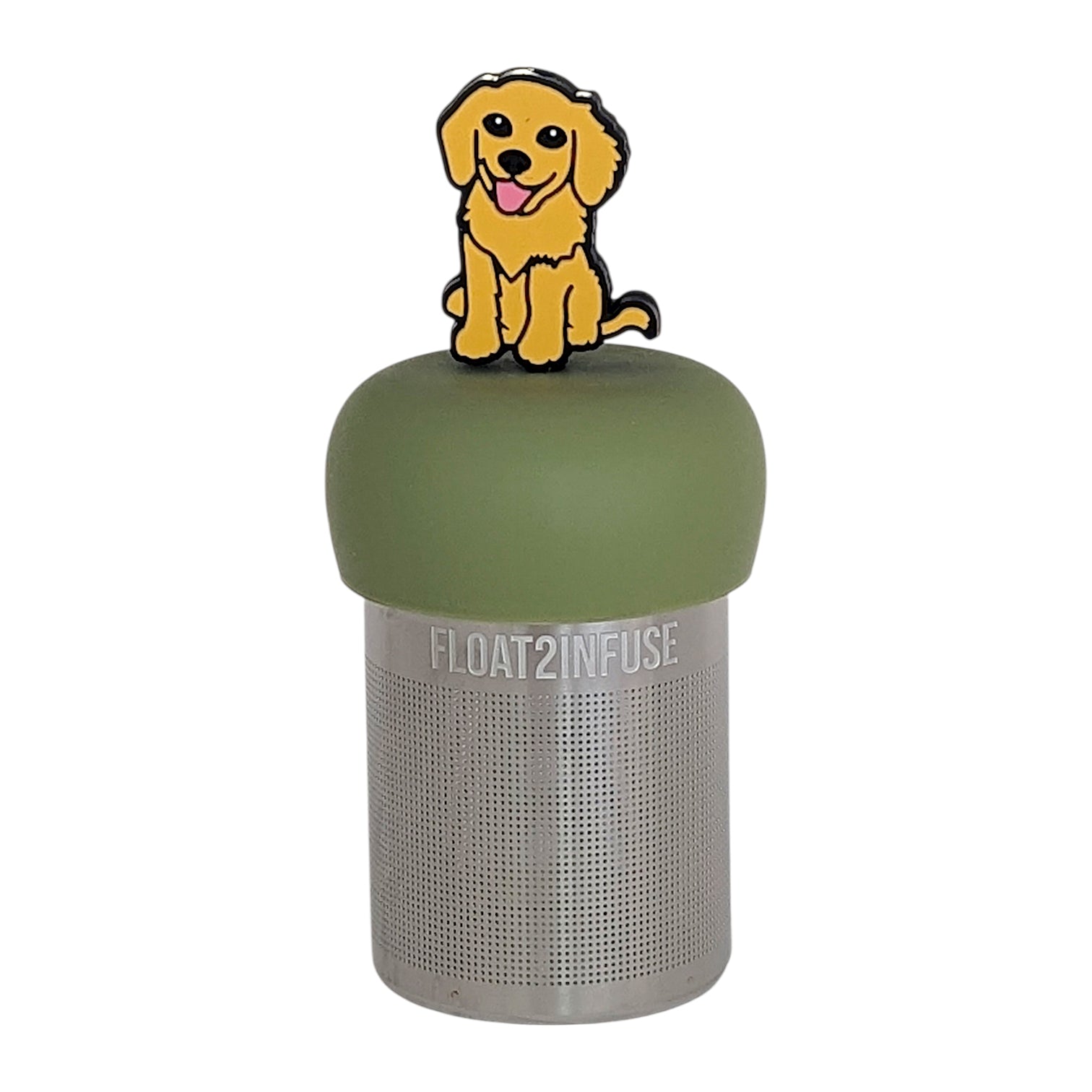 yellow smiling dog animal tea infuser for loose leaf tea on a green base with a fine mesh stainless steel tea infuser that reads FLOAT2INFUSE on a white backround