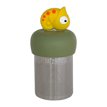 yellow lizard animal tea infuser for loose leaf tea on a green base with a fine mesh stainless steel tea infuser that reads FLOAT2INFUSE on a white background