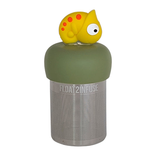 yellow lizard animal tea infuser for loose leaf tea on a green base with a fine mesh stainless steel tea infuser that reads FLOAT2INFUSE on a white background