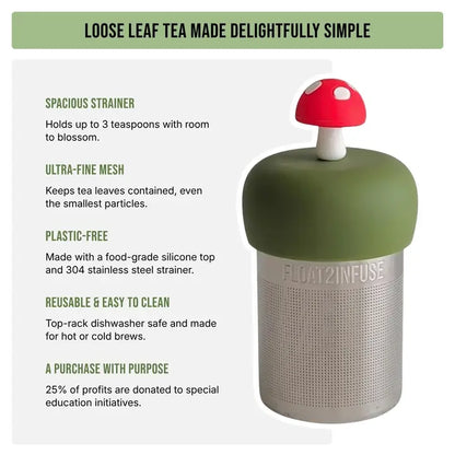 A floating infuser tea infuser with a green floater, silver fine mesh mesh body, and red mushroom-shaped lid, shown on a white background with descriptive text about its features and a donation initiative.
