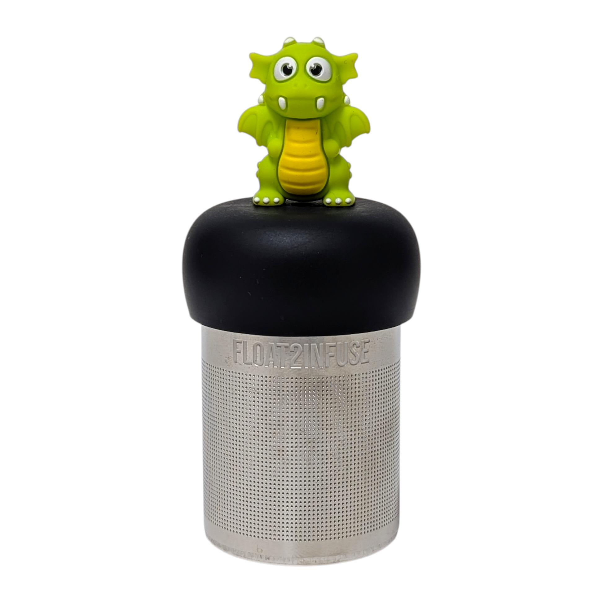bright green dragon animal tea infuser for loose leaf tea with a fine mesh stainless steel tea strainer that reads FLOAT2INFUSE on a black base with a white background