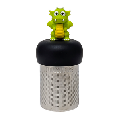 bright green dragon animal tea infuser for loose leaf tea with a fine mesh stainless steel tea strainer that reads FLOAT2INFUSE on a black base with a white background