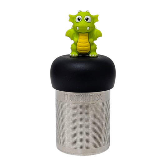bright green dragon animal tea infuser for loose leaf tea with a fine mesh stainless steel tea strainer that reads FLOAT2INFUSE on a black base with a white background