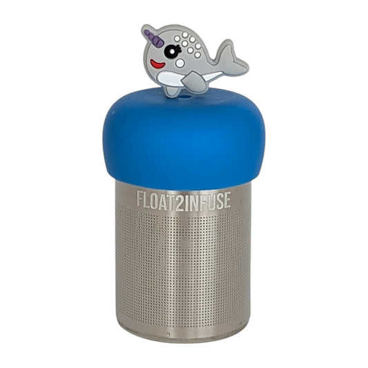 smiling grey narwhal tea infuser with blue base for loose leaf tea with fine mesh stainless steel tea strainer that reads FLOAT2INFUSE with white background