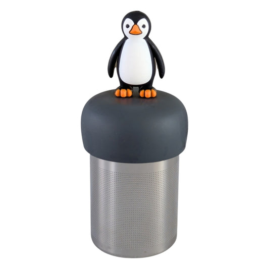 penguin tea infuser with a black base and a fine mesh stainless steel tea strainer with a white background