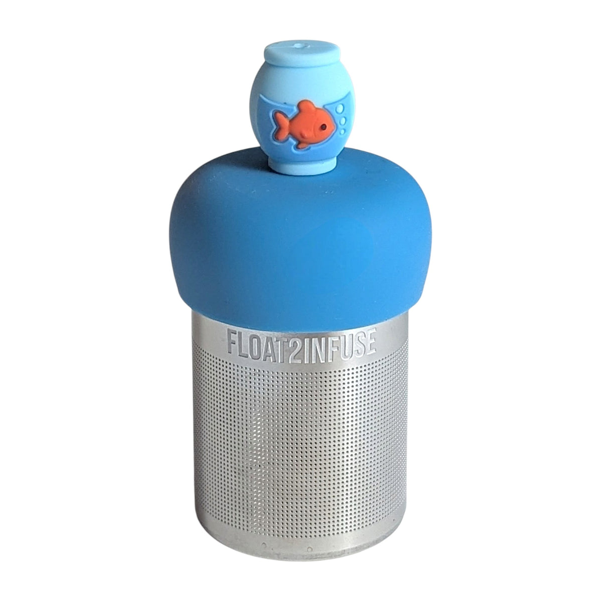 Cute orange goldfish floating in a blue fishbowl tea infuser for loose leaf tea with a fine mesh stainless steel tea strainer that reads FLOAT2INFUSE on a blue base with a  white background
