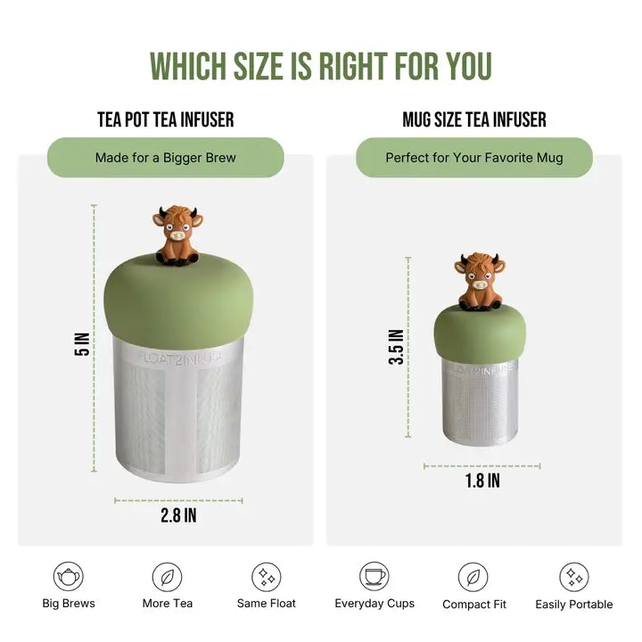 A comparison chart comparing the Float to Infuse large tea infuser that is 5 inches tall and 2.8 inches wide versus the float2inuse mug-size small tea infuser, which is 3.5 inches tall and 1.8 inches wide