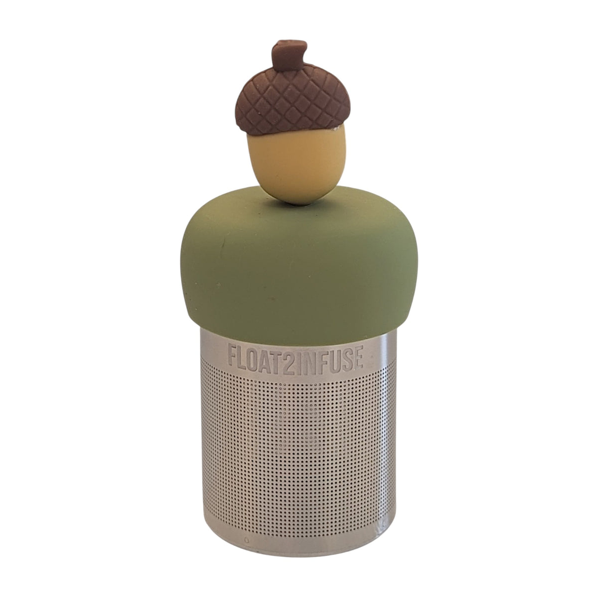 Acorn  tea infuser for loose leaf tea with a fine mesh stainless steel tea strainer that reads FLOAT2INFUSE on a green base with a white background
