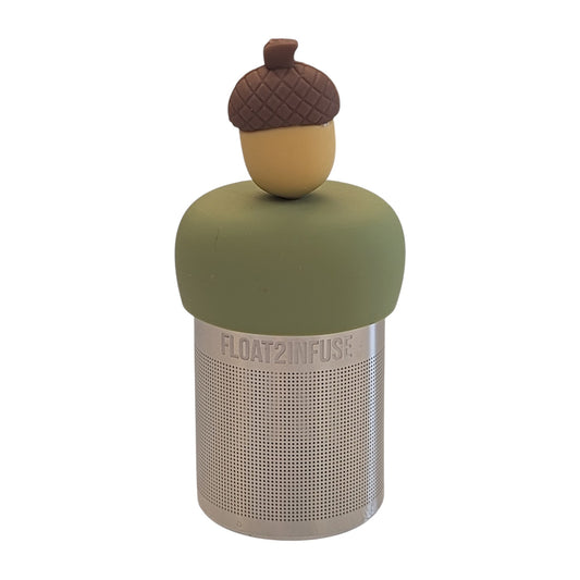 Acorn  tea infuser for loose leaf tea with a fine mesh stainless steel tea strainer that reads FLOAT2INFUSE on a green base with a white background
