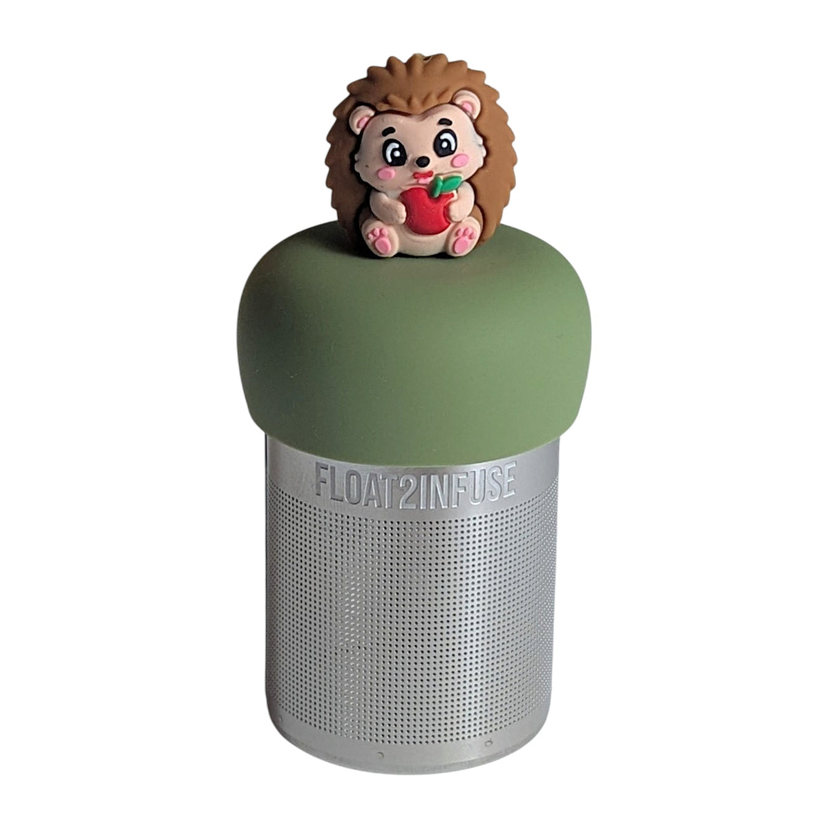 Cute hedgehog holding a red apple tea infuser for loose leaf tea with a fine mesh stainless steel tea strainer that reads FLOAT2INFUSE on a green base with a  white background
