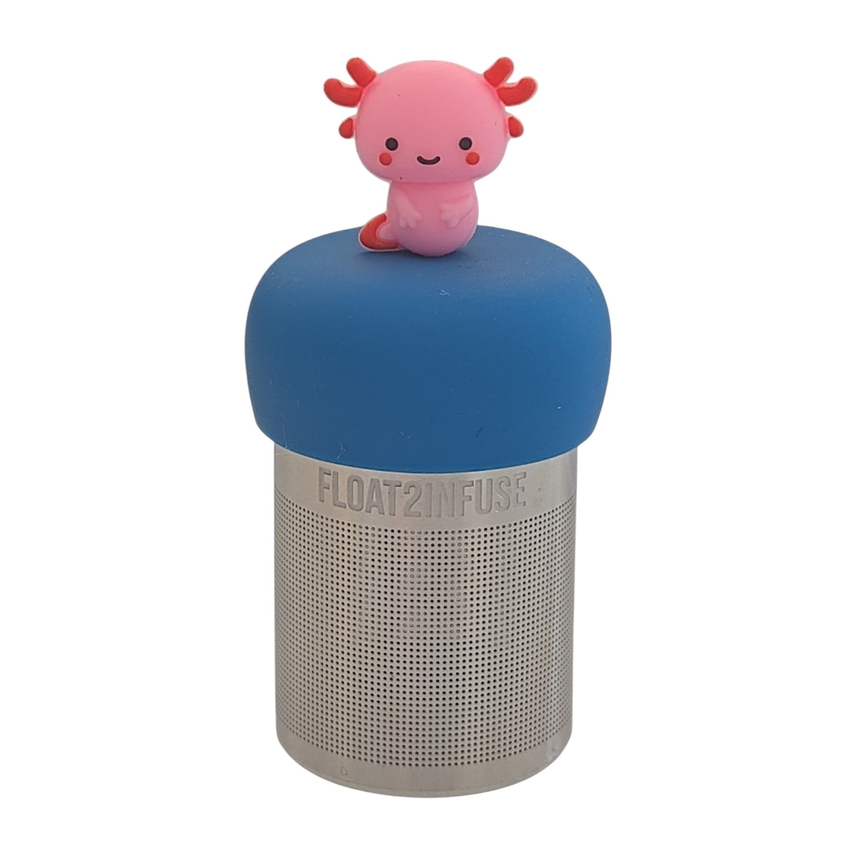 cute baby pink axolotl tea infuser for loose leaf tea with a fine mesh stainless steel tea strainer that reads FLOAT2INFUSE on a blue base with a white background