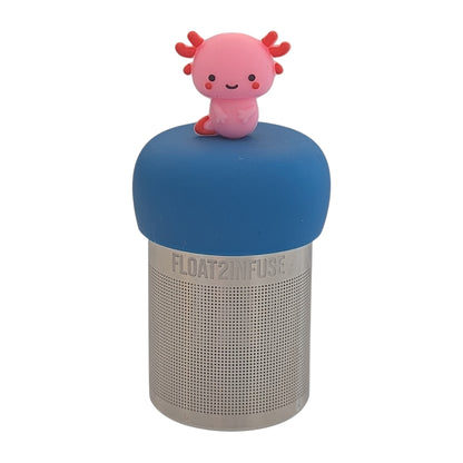 cute baby pink axolotl tea infuser for loose leaf tea with a fine mesh stainless steel tea strainer that reads FLOAT2INFUSE on a blue base with a white background
