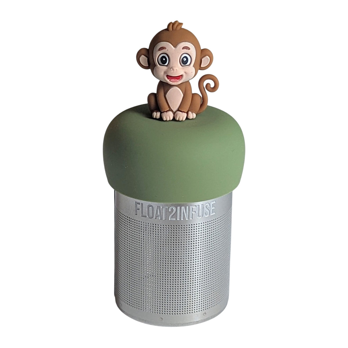 Cute baby monkey with curly tail tea infuser for loose leaf tea with a fine mesh stainless steel tea strainer that reads FLOAT2INFUSE on a green base with a  white background
