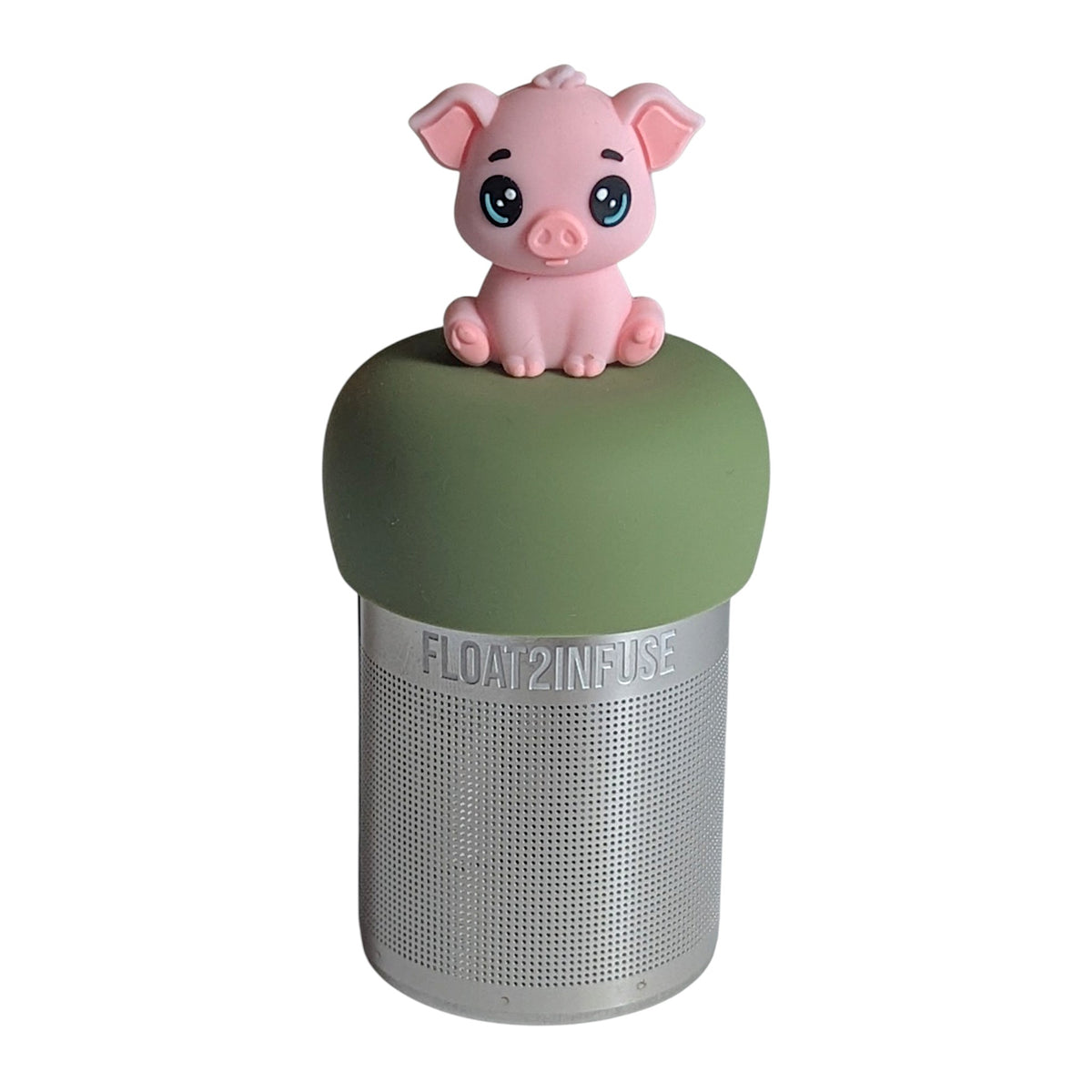 Adorable pink baby pig tea infuser for loose leaf tea with a fine mesh stainless steel tea strainer that reads FLOAT2INFUSE on a green base with a  white background
