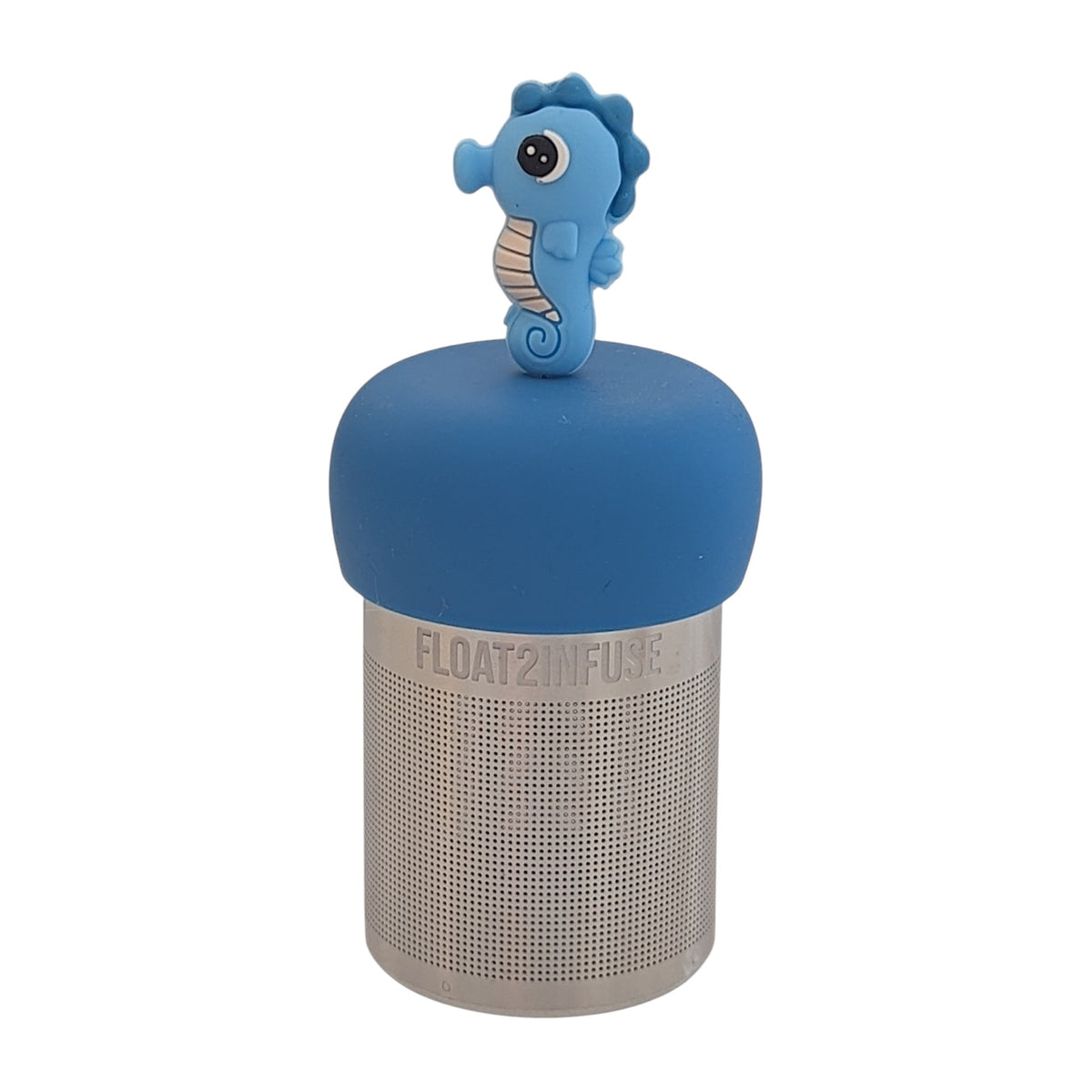 cute blue baby seahorse animal tea infuser for loose leaf tea with a fine mesh stainless steel tea strainer that reads FLOAT2INFUSE on a blue base with a white background