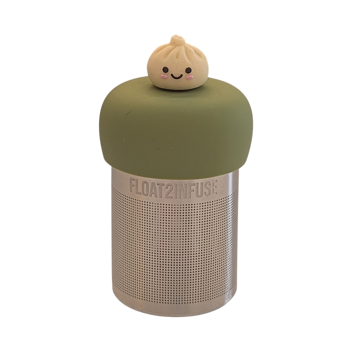 Smiling bao bun tea infuser for loose leaf tea with a fine mesh stainless steel tea strainer 
that reads FLOAT2INFUSE on a green base with a white background
