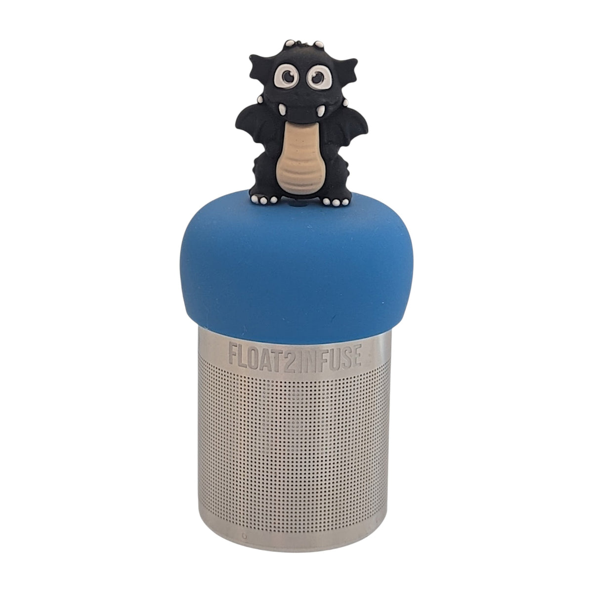 cute black dragon animal tea infuser for loose leaf tea with a fine mesh stainless steel tea strainer that reads FLOAT2INFUSE on a blue base with a white background