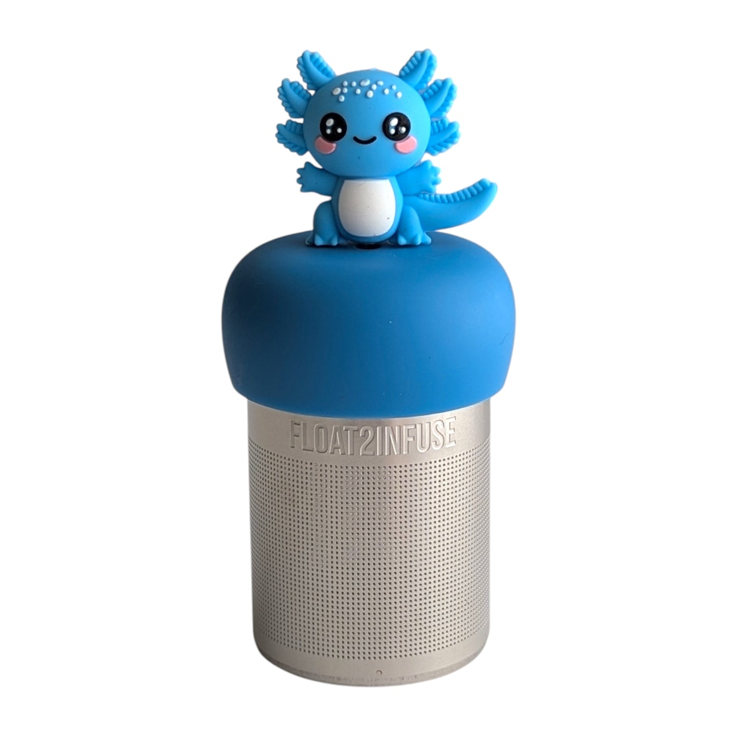Cute smiling blue axolotl tea infuser for loose leaf tea with a fine mesh stainless steel tea strainer 
that reads FLOAT2INFUSE on a blue base with a white background
