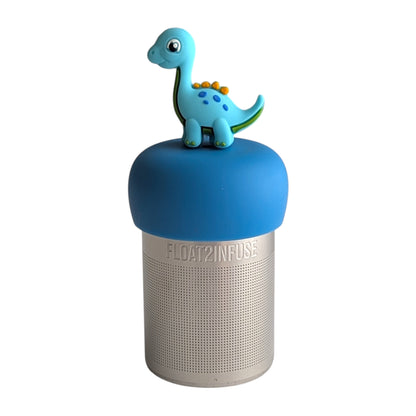 Cute blue brontosaurus tea infuser for loose leaf tea with a fine mesh stainless steel tea strainer 
that reads FLOAT2INFUSE on a blue base with a white background

