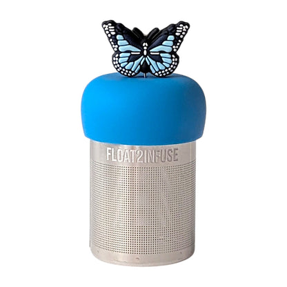 Blue Butterfly tea infuser for loose leaf tea with a fine mesh stainless steel tea strainer that reads FLOAT2INFUSE on a blue base with a white background